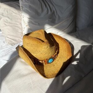 Women's Tan Straw Cowboy Hat with Turquoise Accent